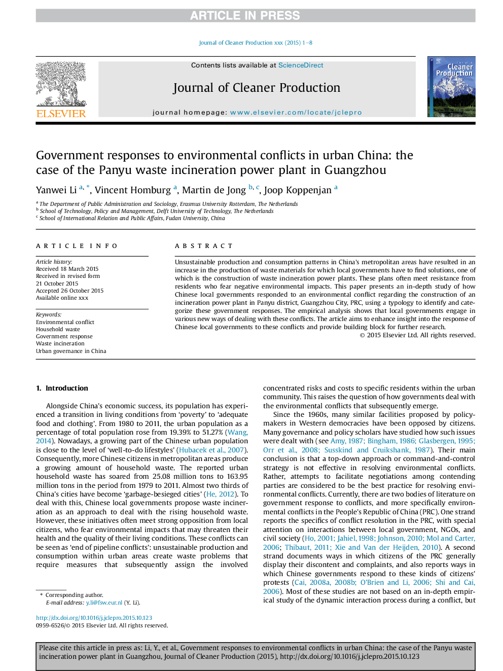 عکس صفحه اول مقاله: Government responses to environmental conflicts in urban China: the case of the Panyu waste incineration power plant in Guangzhou Government responses to environmental conflicts in urban China: the case of the Panyu waste incineration power plant in Guangzhou