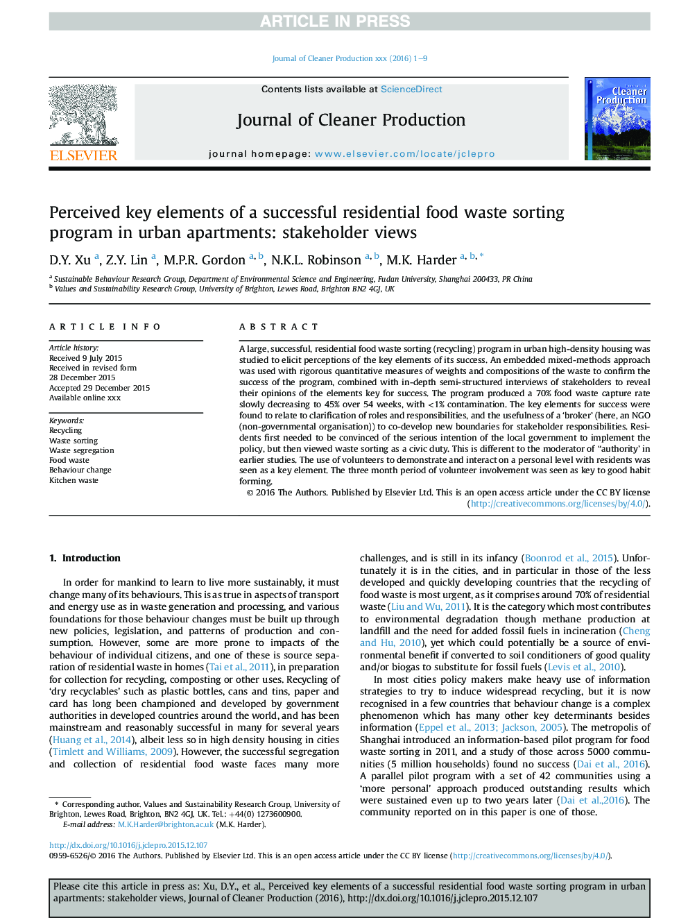 Perceived key elements of a successful residential food waste sorting program in urban apartments: stakeholder views