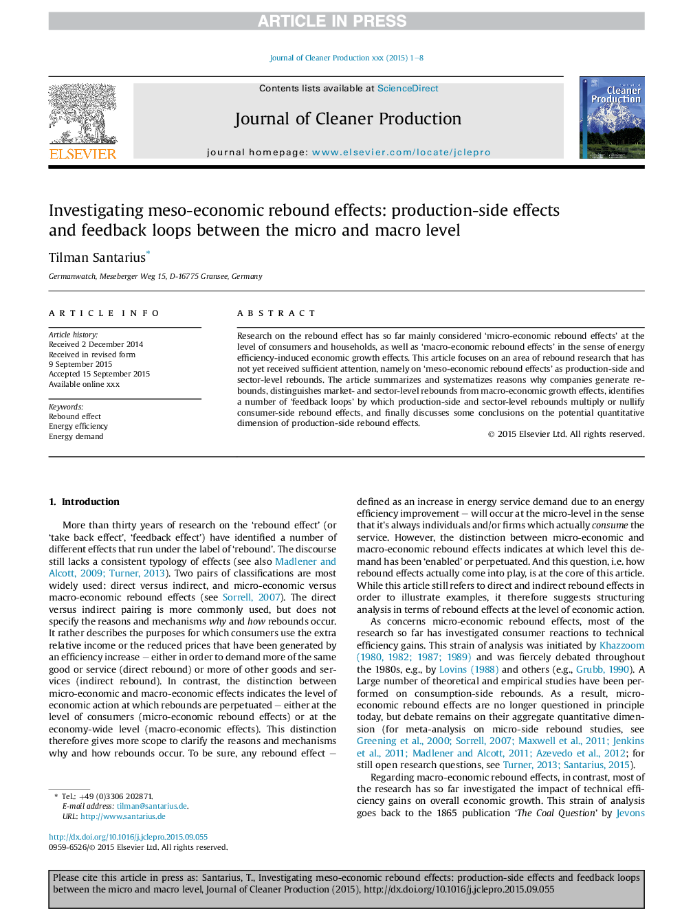 عکس صفحه اول مقاله: Investigating meso-economic rebound effects: production-side effects and feedback loops between the micro and macro level Investigating meso-economic rebound effects: production-side effects and feedback loops between the micro and macro level