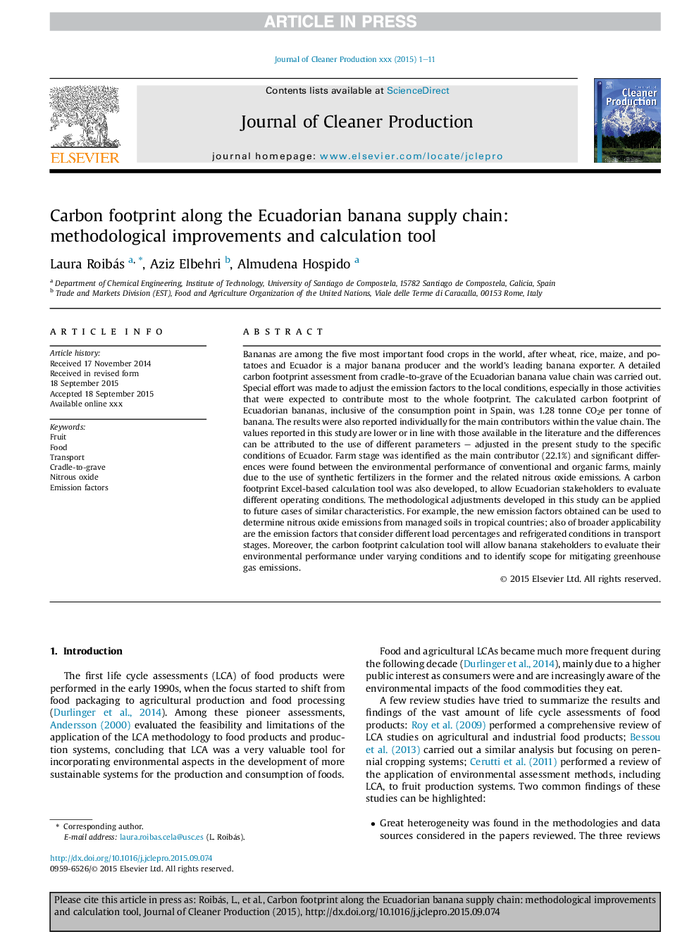 Carbon footprint along the Ecuadorian banana supply chain: methodological improvements and calculation tool