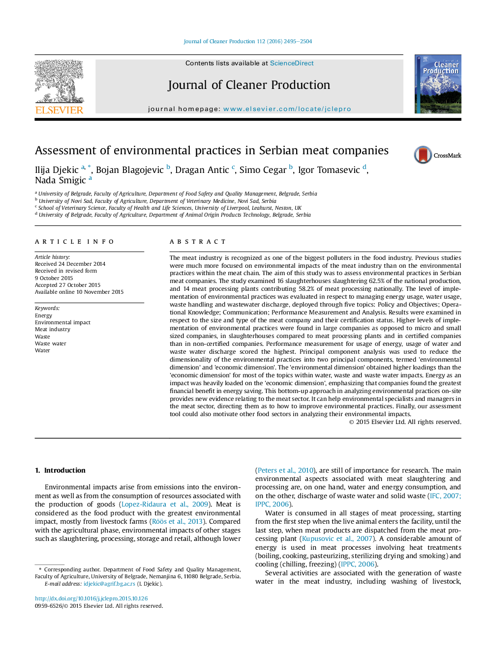 Assessment of environmental practices in Serbian meat companies