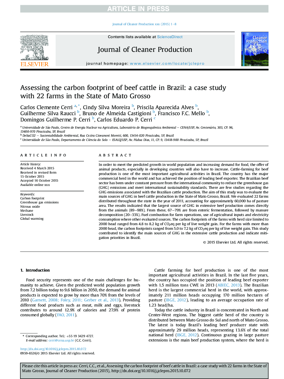 Assessing the carbon footprint of beef cattle in Brazil: a case study with 22 farms in the State of Mato Grosso