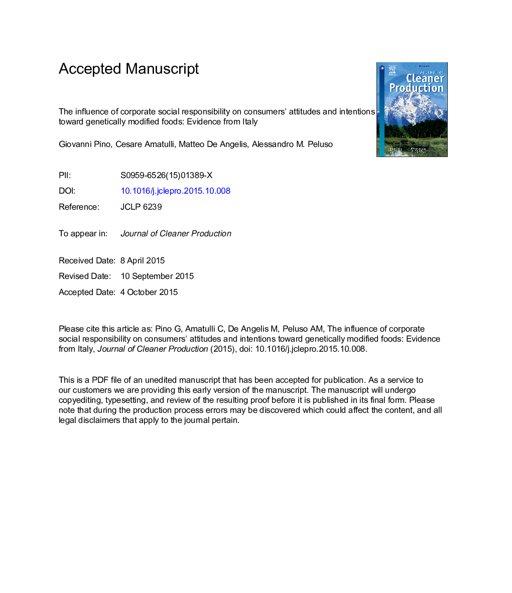عکس صفحه اول مقاله: The influence of corporate social responsibility on consumers' attitudes and intentions toward genetically modified foods: evidence from Italy The influence of corporate social responsibility on consumers' attitudes and intentions toward genetically modified foods: evidence from Italy