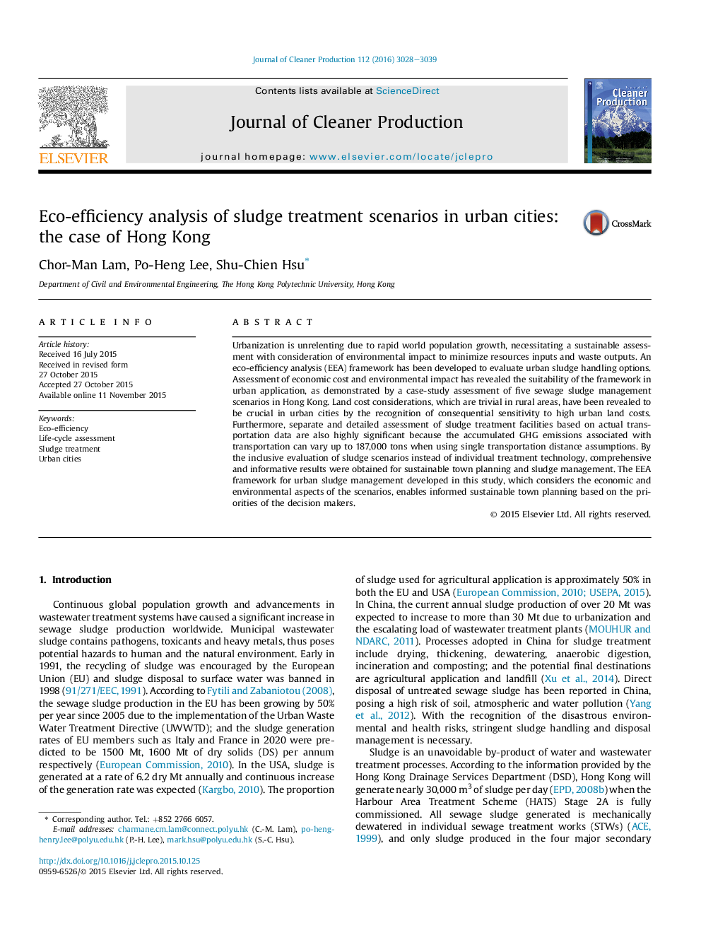 Eco-efficiency analysis of sludge treatment scenarios in urban cities: the case of Hong Kong