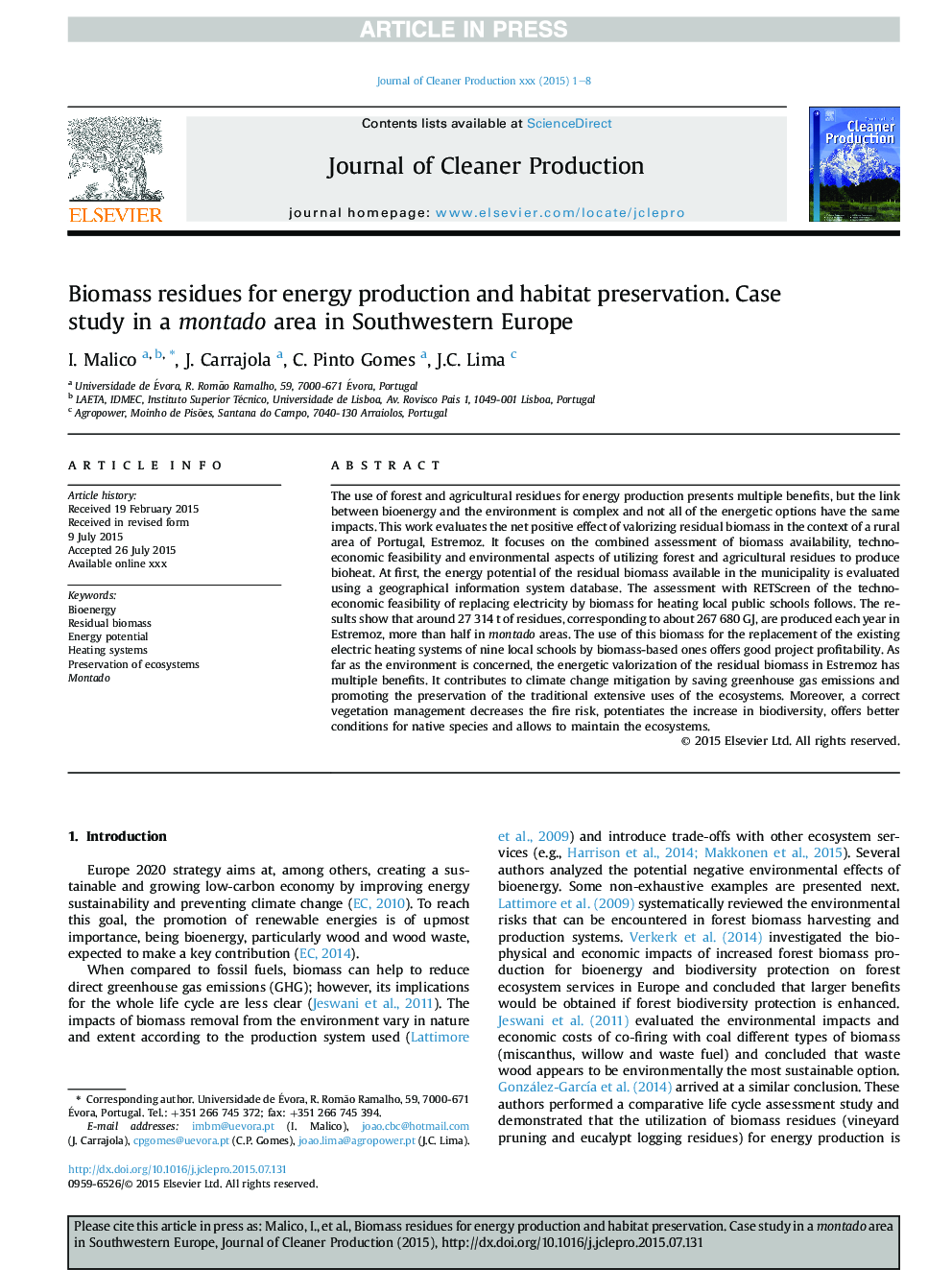 Biomass residues for energy production and habitat preservation. Case study in a montado area in Southwestern Europe