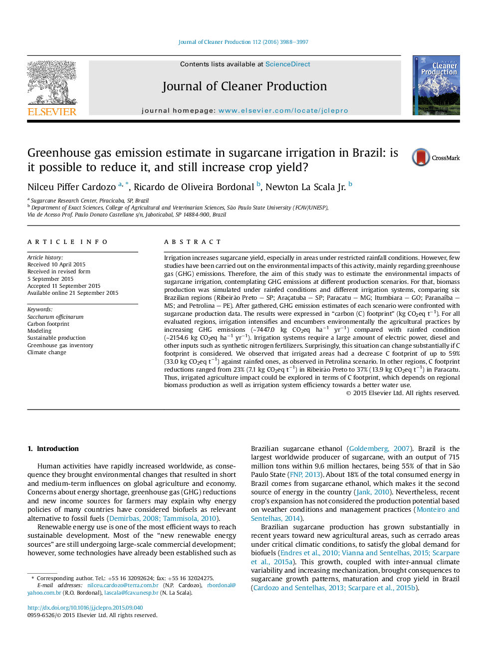 Greenhouse gas emission estimate in sugarcane irrigation in Brazil: is it possible to reduce it, and still increase crop yield?