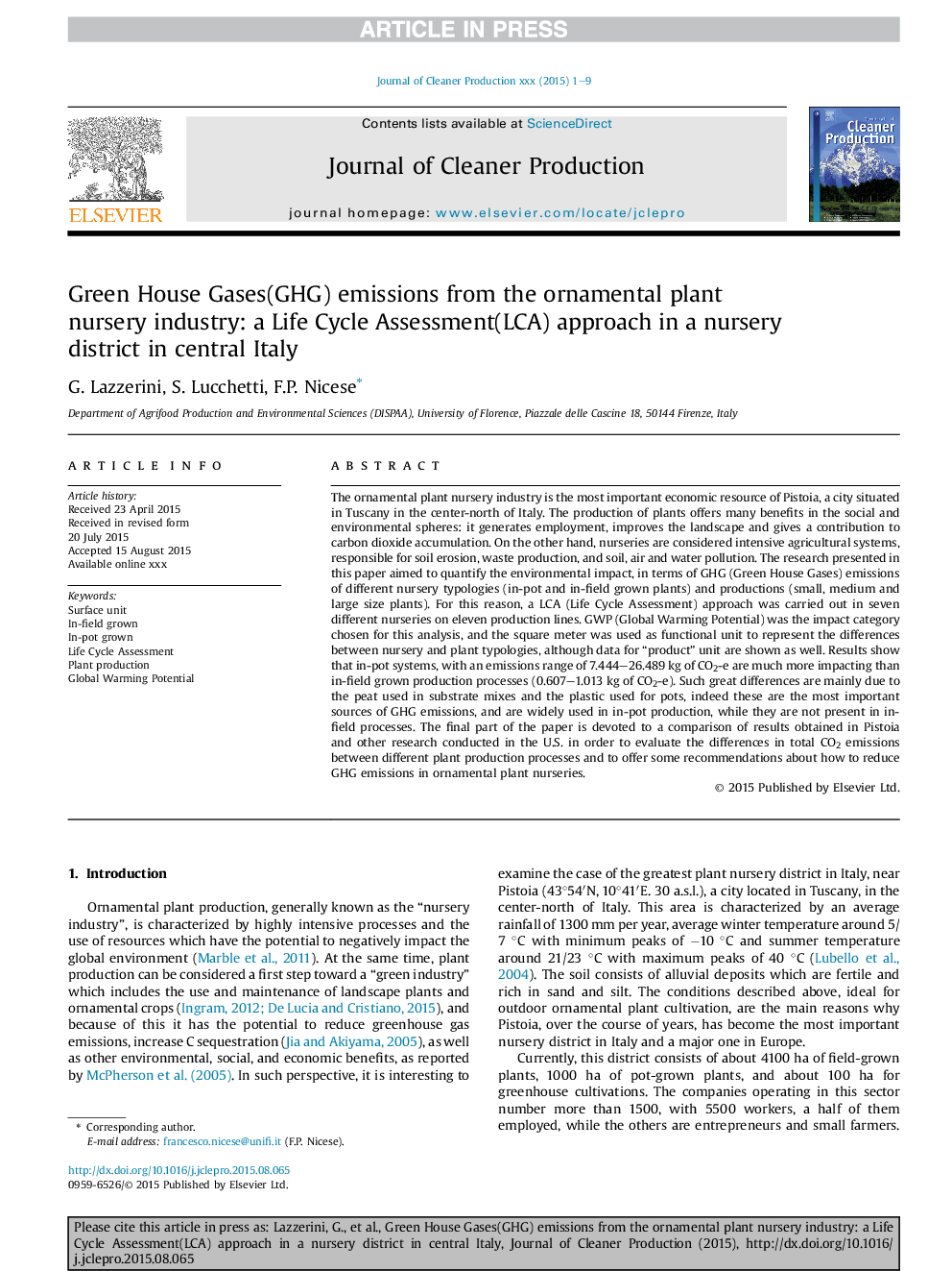 Green House Gases(GHG) emissions from the ornamental plant nursery industry: a Life Cycle Assessment(LCA) approach in a nursery district in central Italy