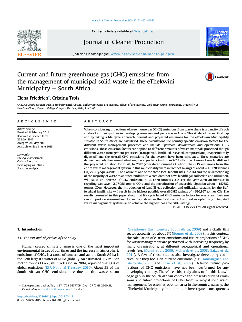 Current and future greenhouse gas (GHG) emissions from theÂ management of municipal solid waste in the eThekwini Municipality - South Africa