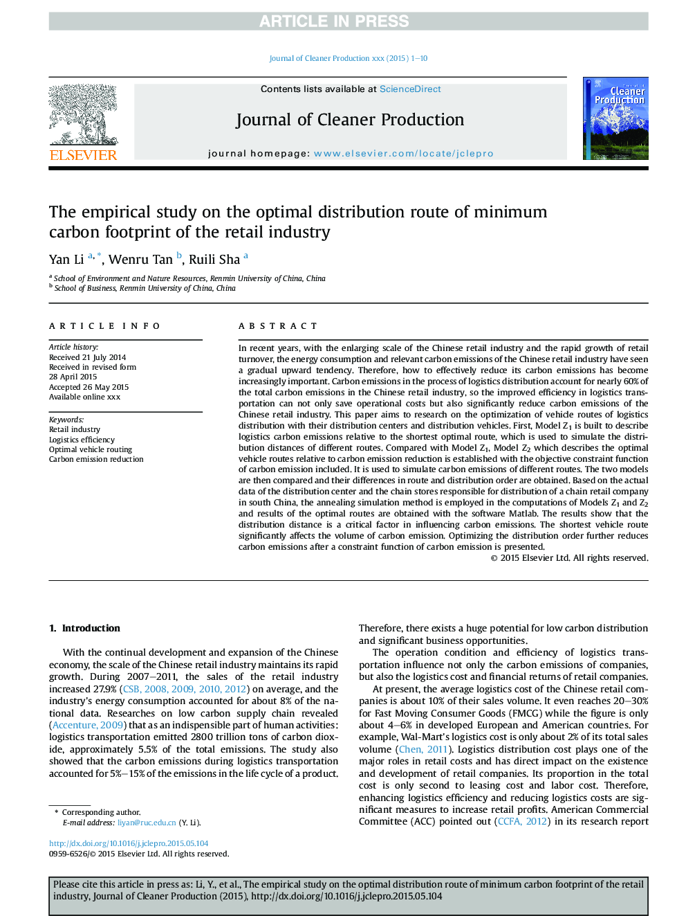 The empirical study on the optimal distribution route of minimum carbon footprint of the retail industry