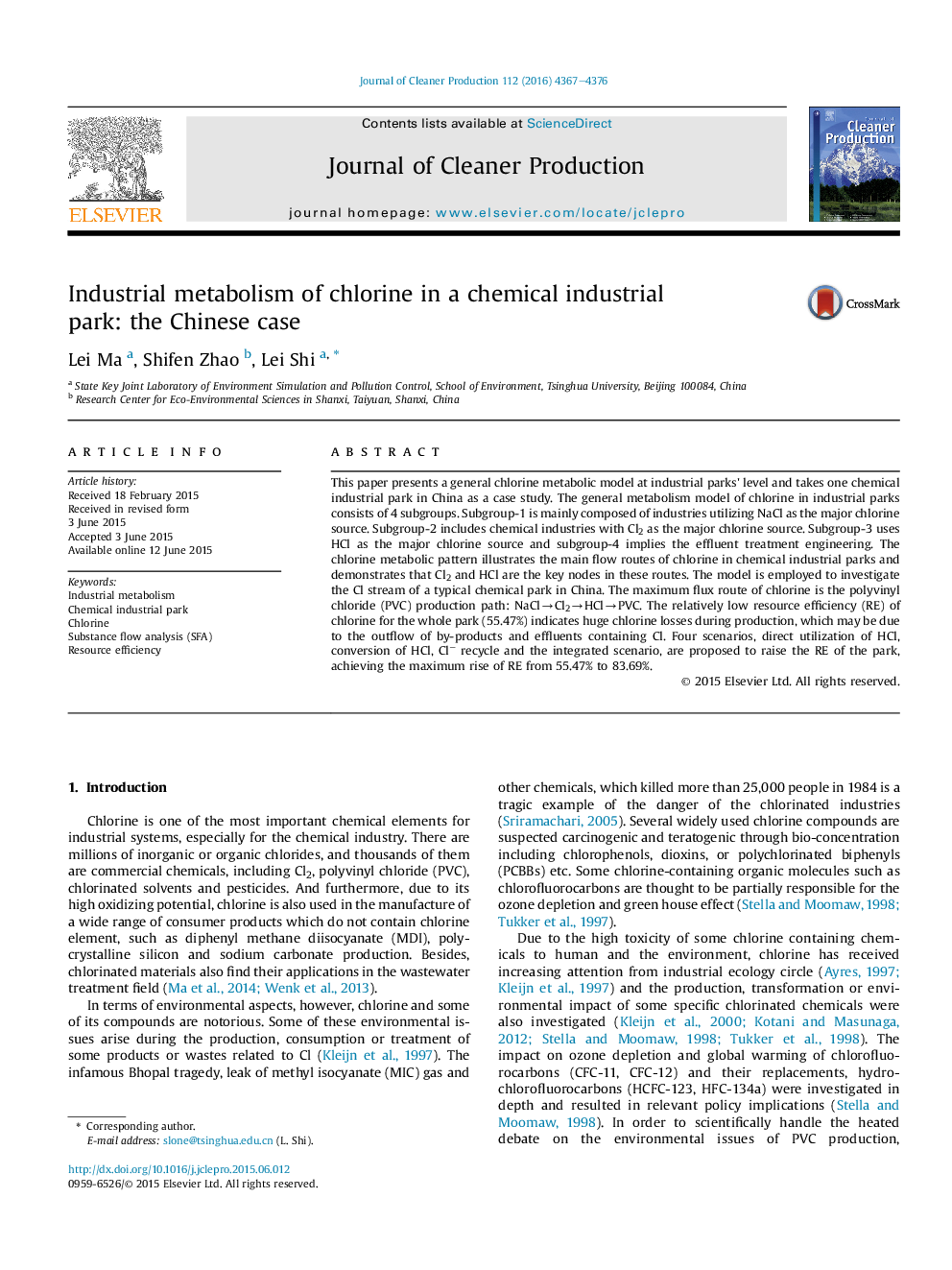 Industrial metabolism of chlorine in a chemical industrial park:Â theÂ Chinese case