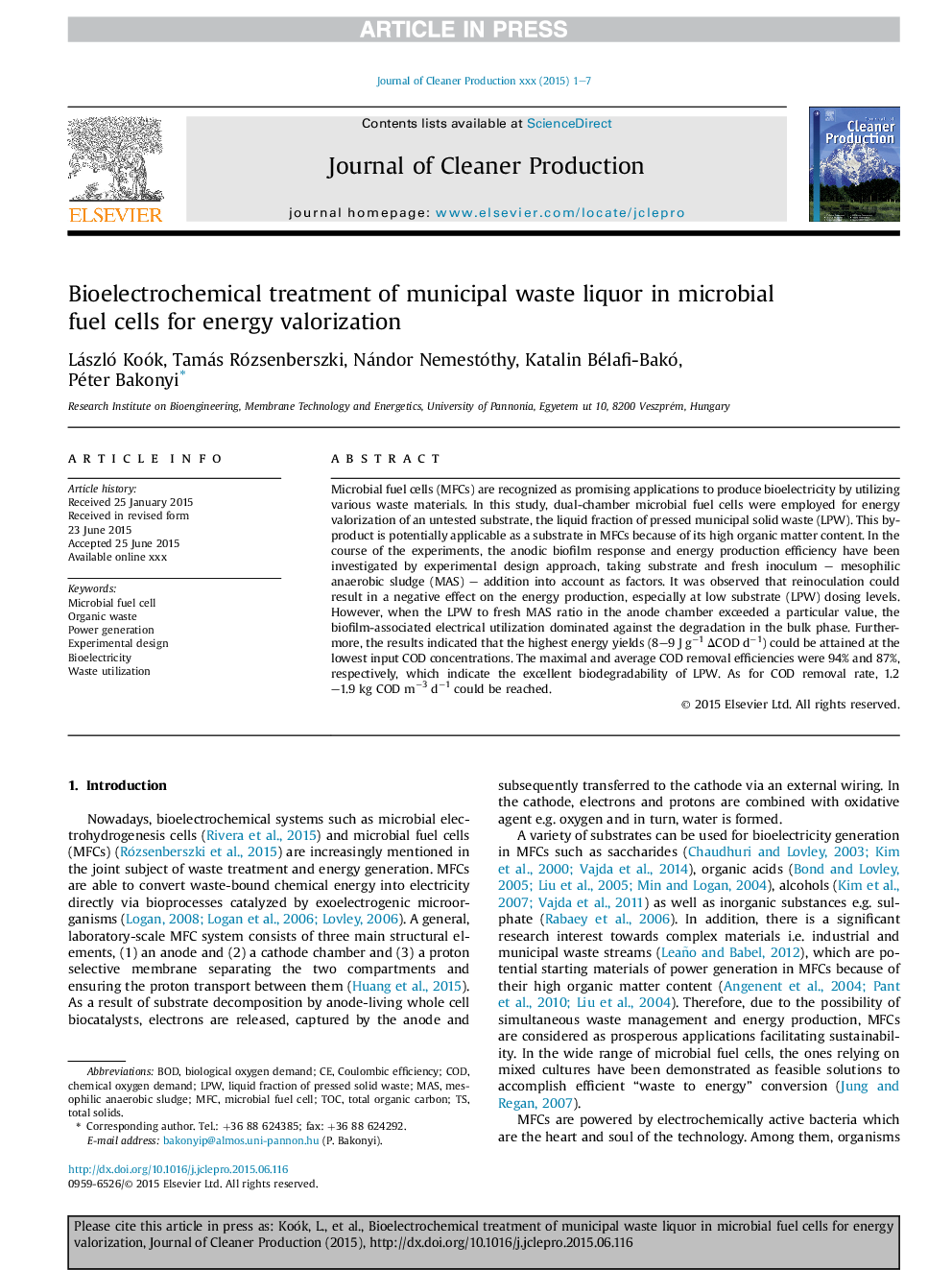 Bioelectrochemical treatment of municipal waste liquor in microbial fuel cells for energy valorization