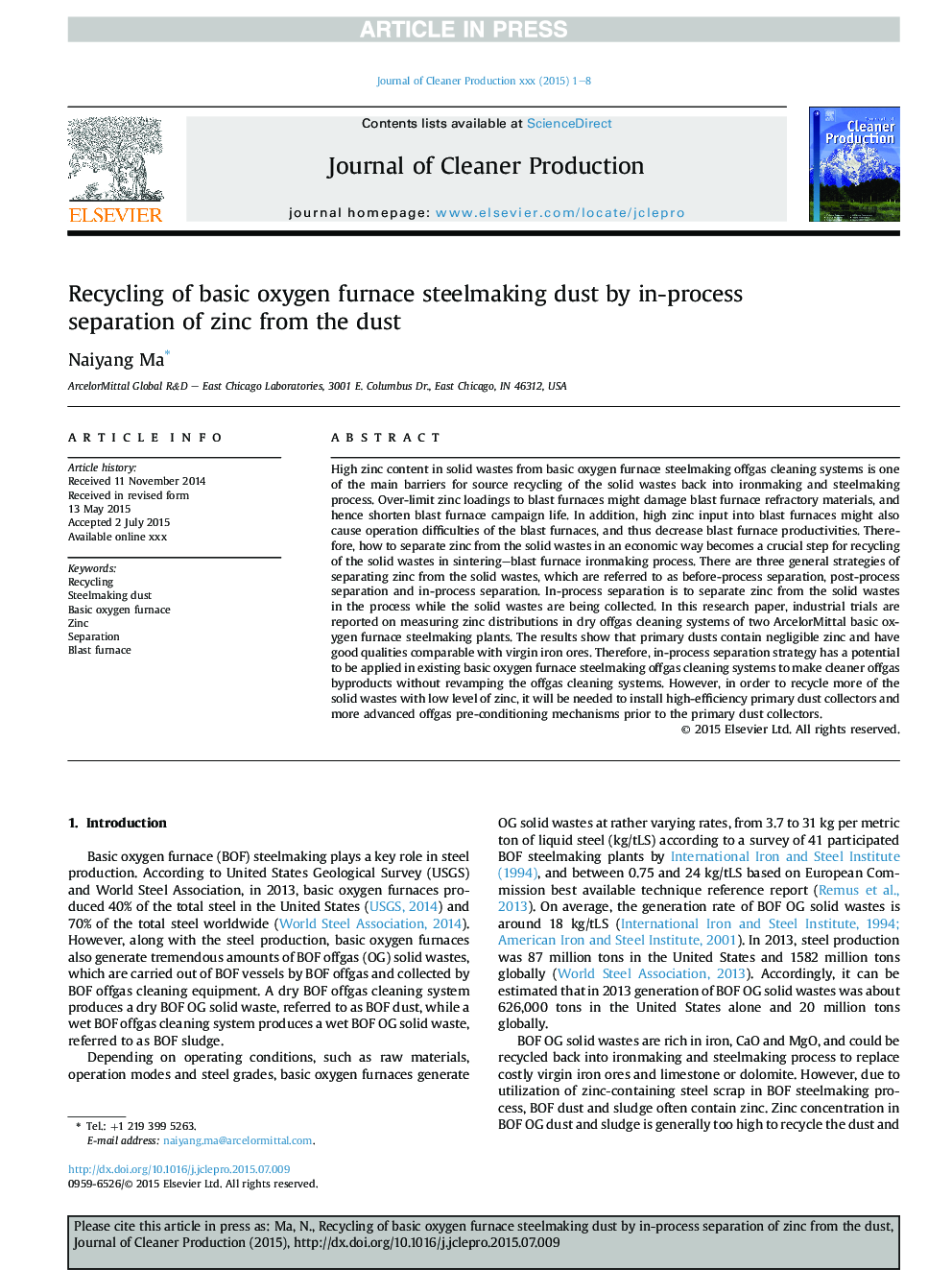 Recycling of basic oxygen furnace steelmaking dust by in-process separation of zinc from the dust