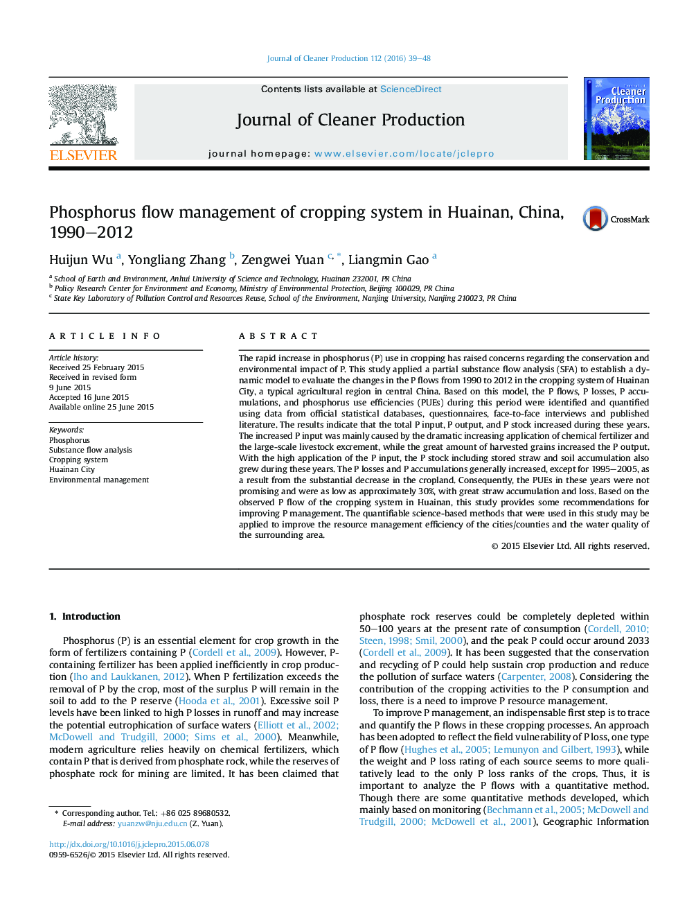 Phosphorus flow management of cropping system in Huainan, China, 1990-2012