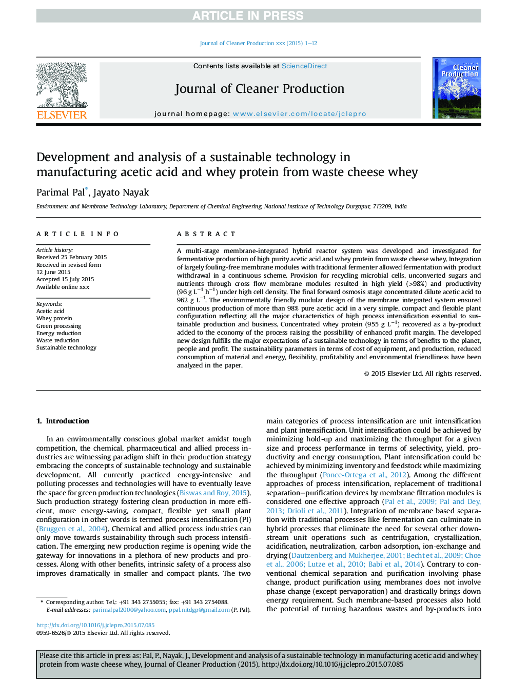 Development and analysis of a sustainable technology in manufacturing acetic acid and whey protein from waste cheese whey