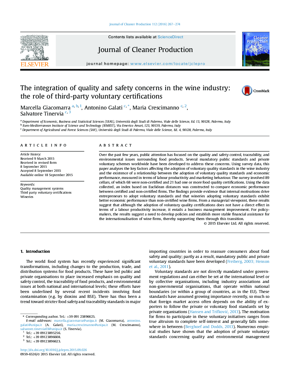 The integration of quality and safety concerns in the wine industry: the role of third-party voluntary certifications