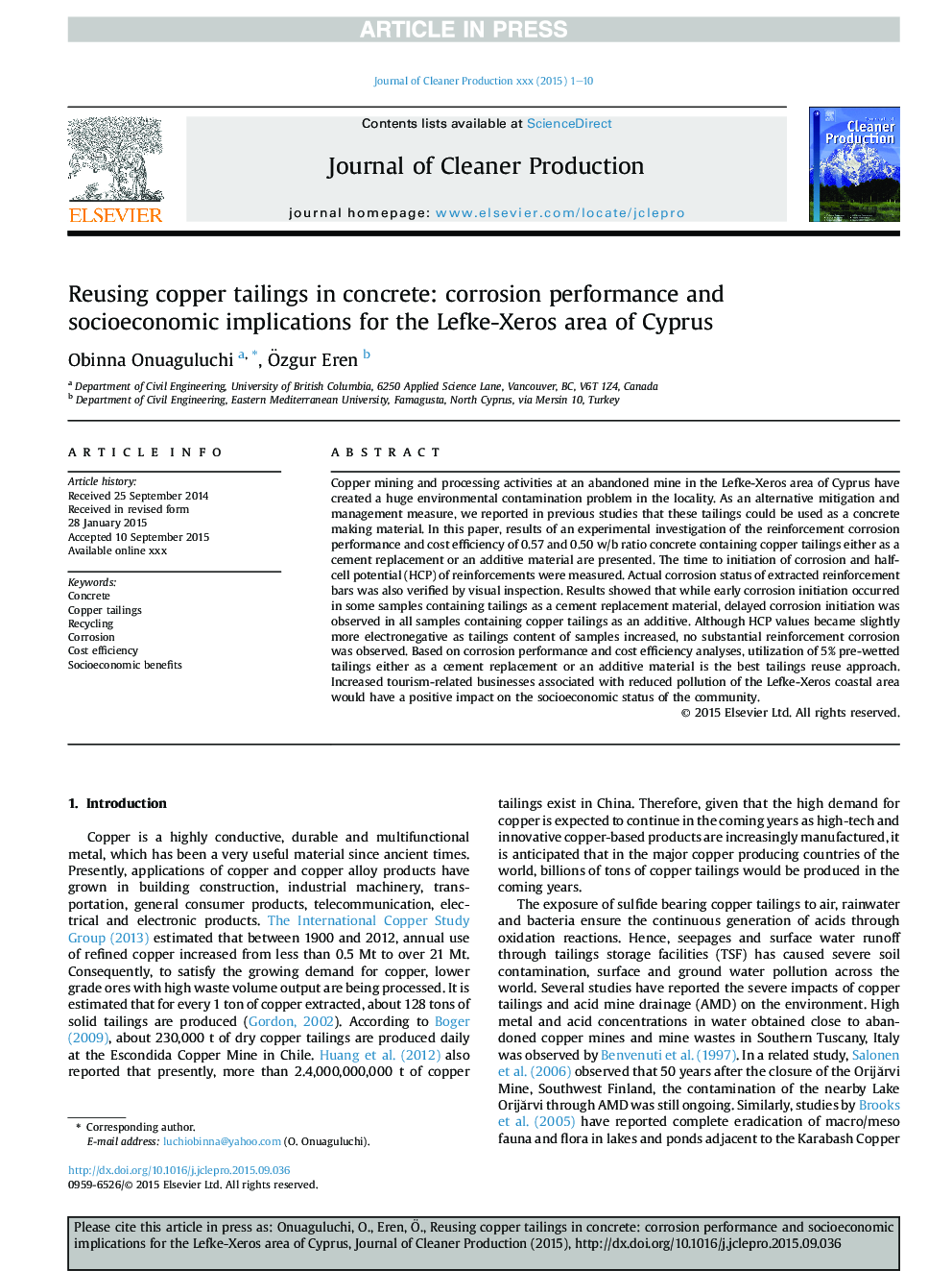 Reusing copper tailings in concrete: corrosion performance and socioeconomic implications for the Lefke-Xeros area of Cyprus