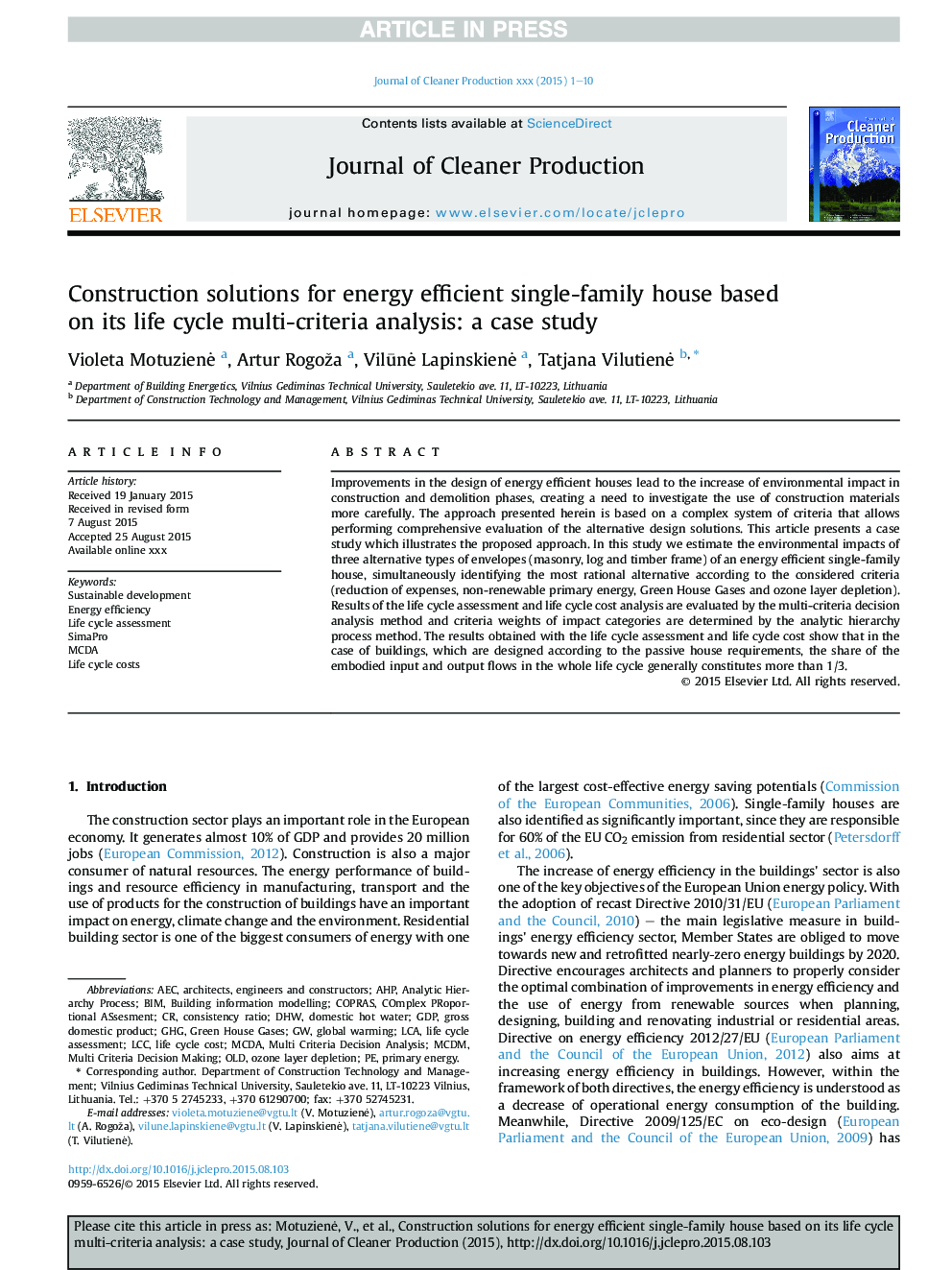 Construction solutions for energy efficient single-family house based on its life cycle multi-criteria analysis: a case study