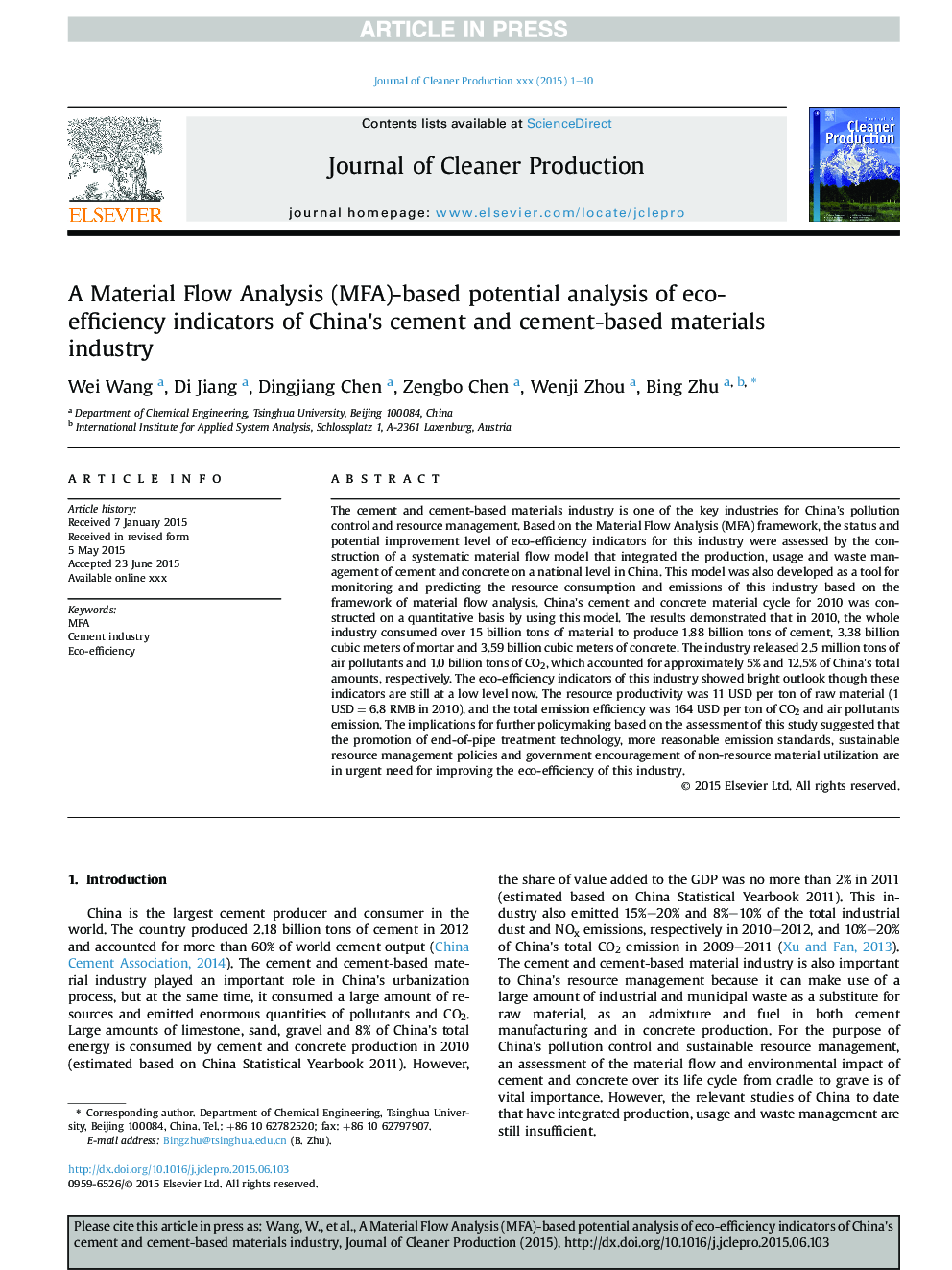A Material Flow Analysis (MFA)-based potential analysis of eco-efficiency indicators of China's cement and cement-based materials industry