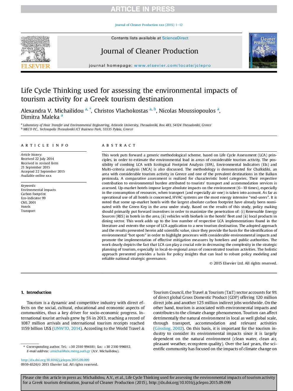 Life Cycle Thinking used for assessing the environmental impacts of tourism activity for a Greek tourism destination