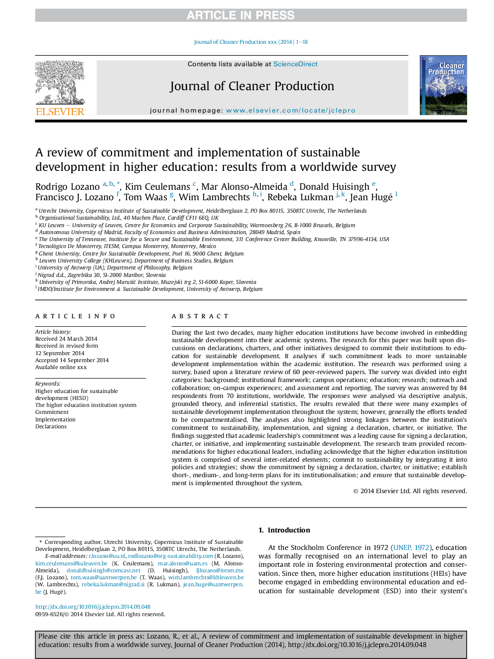 A review of commitment and implementation of sustainable development in higher education: results from a worldwide survey