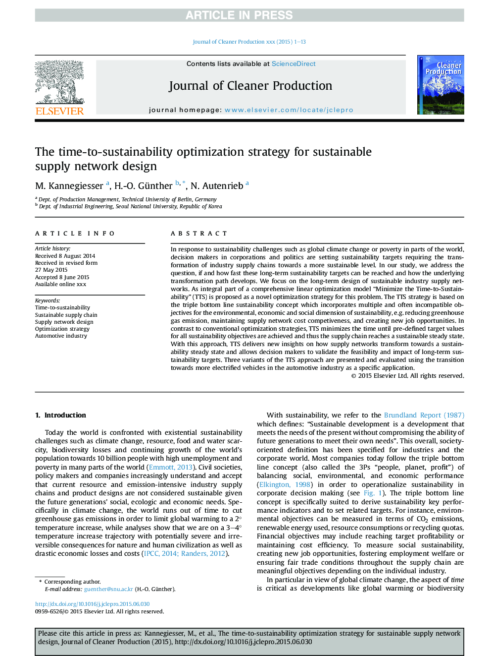 The time-to-sustainability optimization strategy for sustainable supply network design