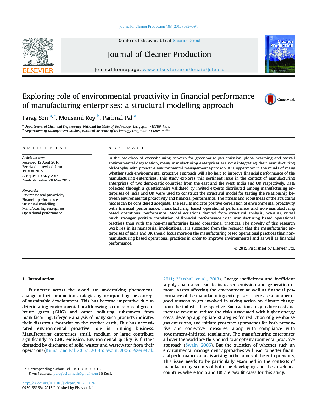 Exploring role of environmental proactivity in financial performance of manufacturing enterprises: a structural modelling approach