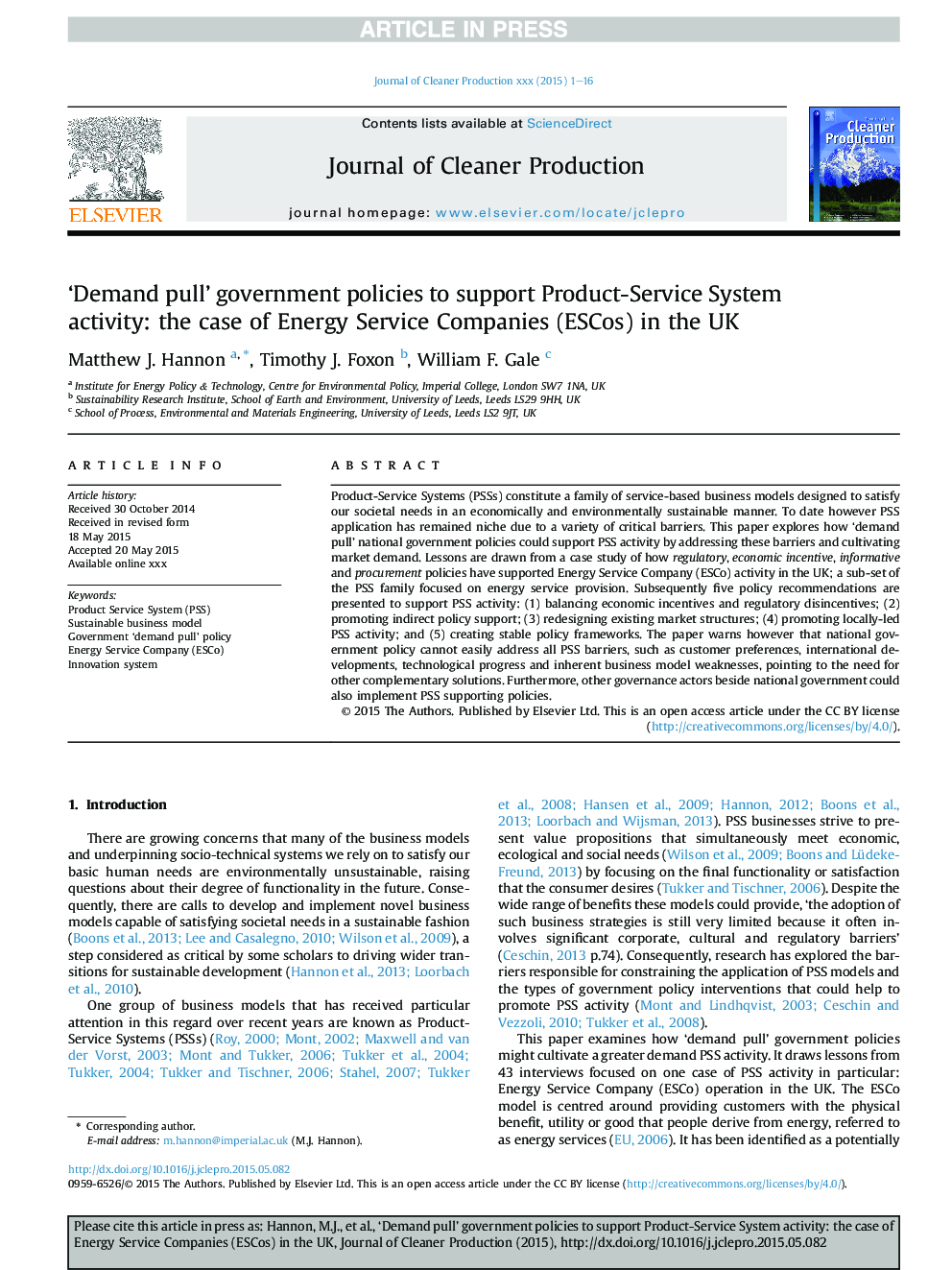 'Demand pull' government policies to support Product-Service System activity: the case of Energy Service Companies (ESCos) in the UK