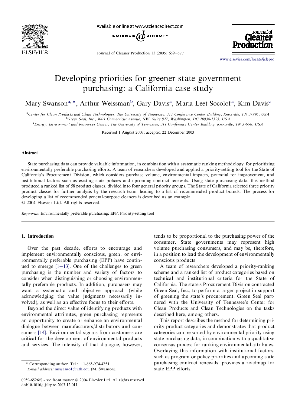 Developing priorities for greener state government purchasing: a California case study