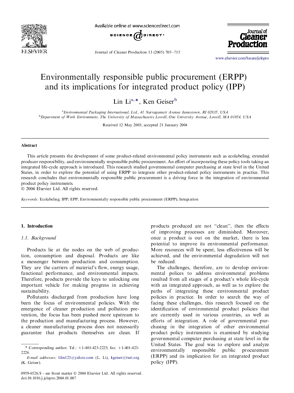 Environmentally responsible public procurement (ERPP) and its implications for integrated product policy (IPP)