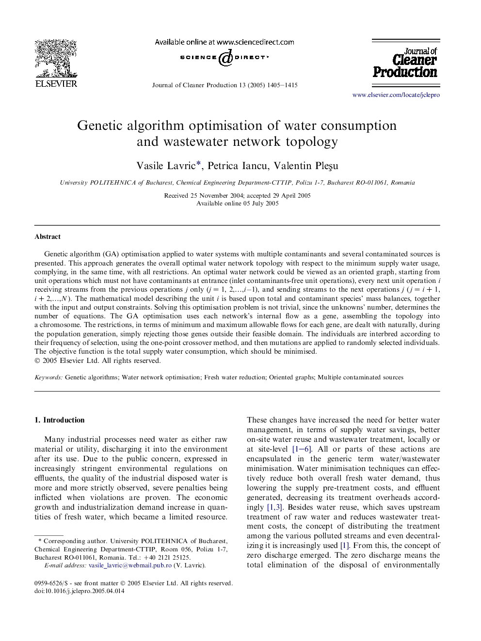 Genetic algorithm optimisation of water consumption and wastewater network topology