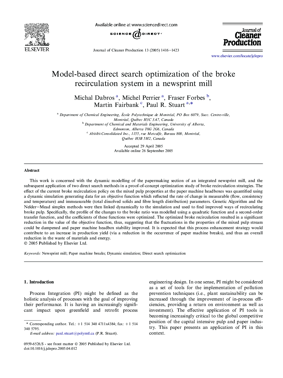 Model-based direct search optimization of the broke recirculation system in a newsprint mill