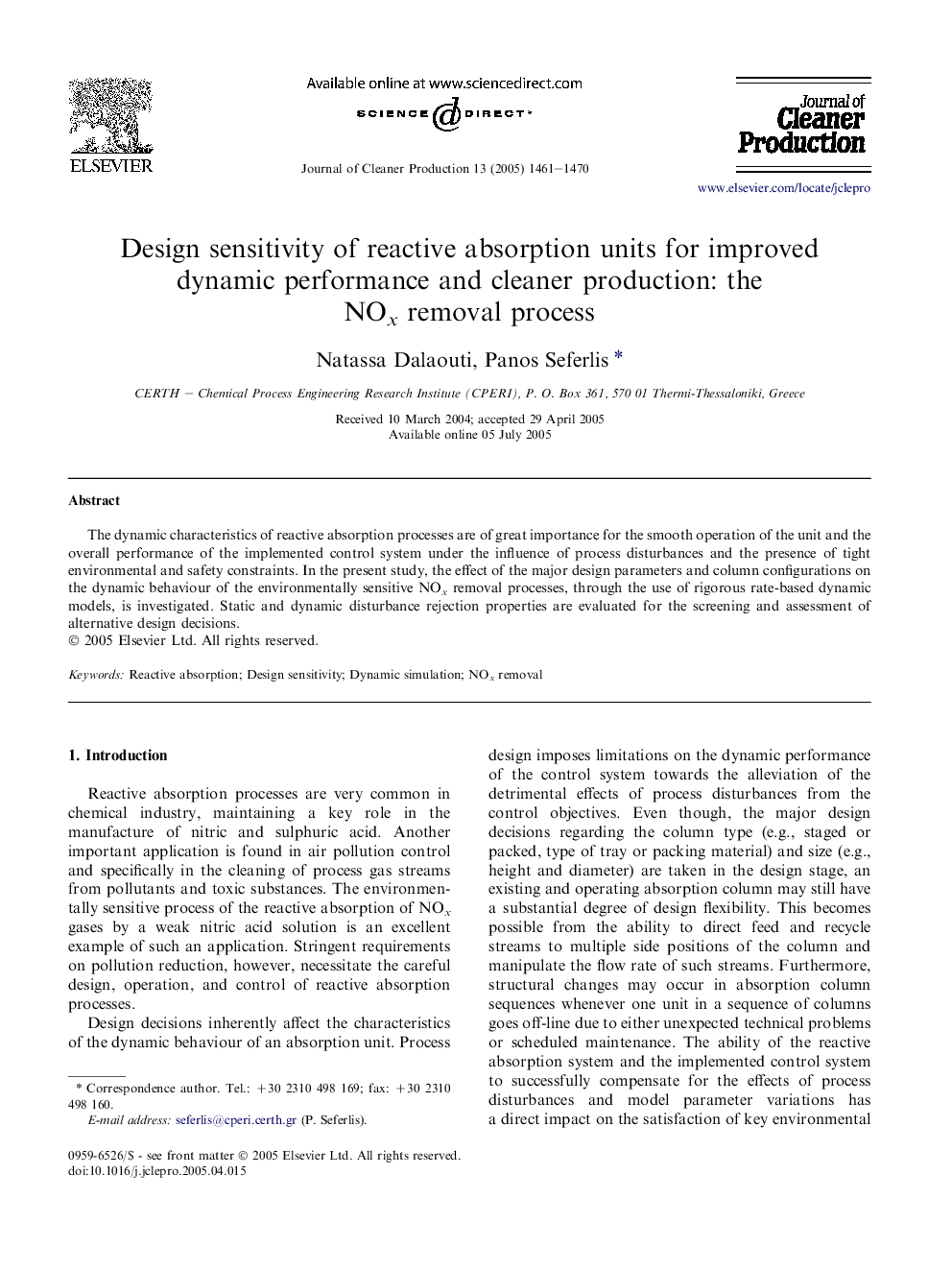 Design sensitivity of reactive absorption units for improved dynamic performance and cleaner production: the NOx removal process