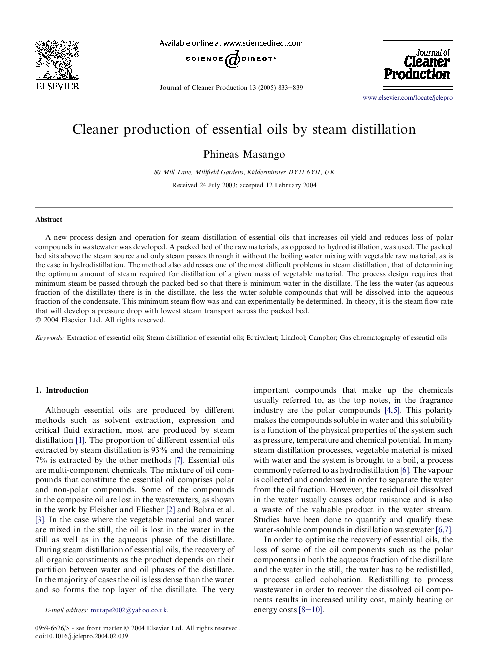 Cleaner production of essential oils by steam distillation