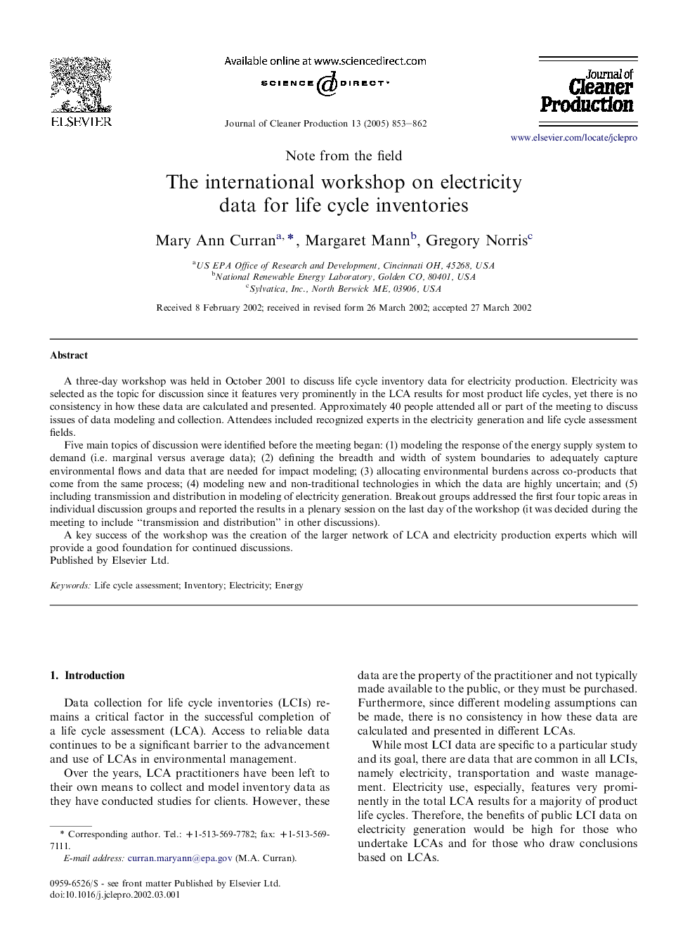 The international workshop on electricity data for life cycle inventories