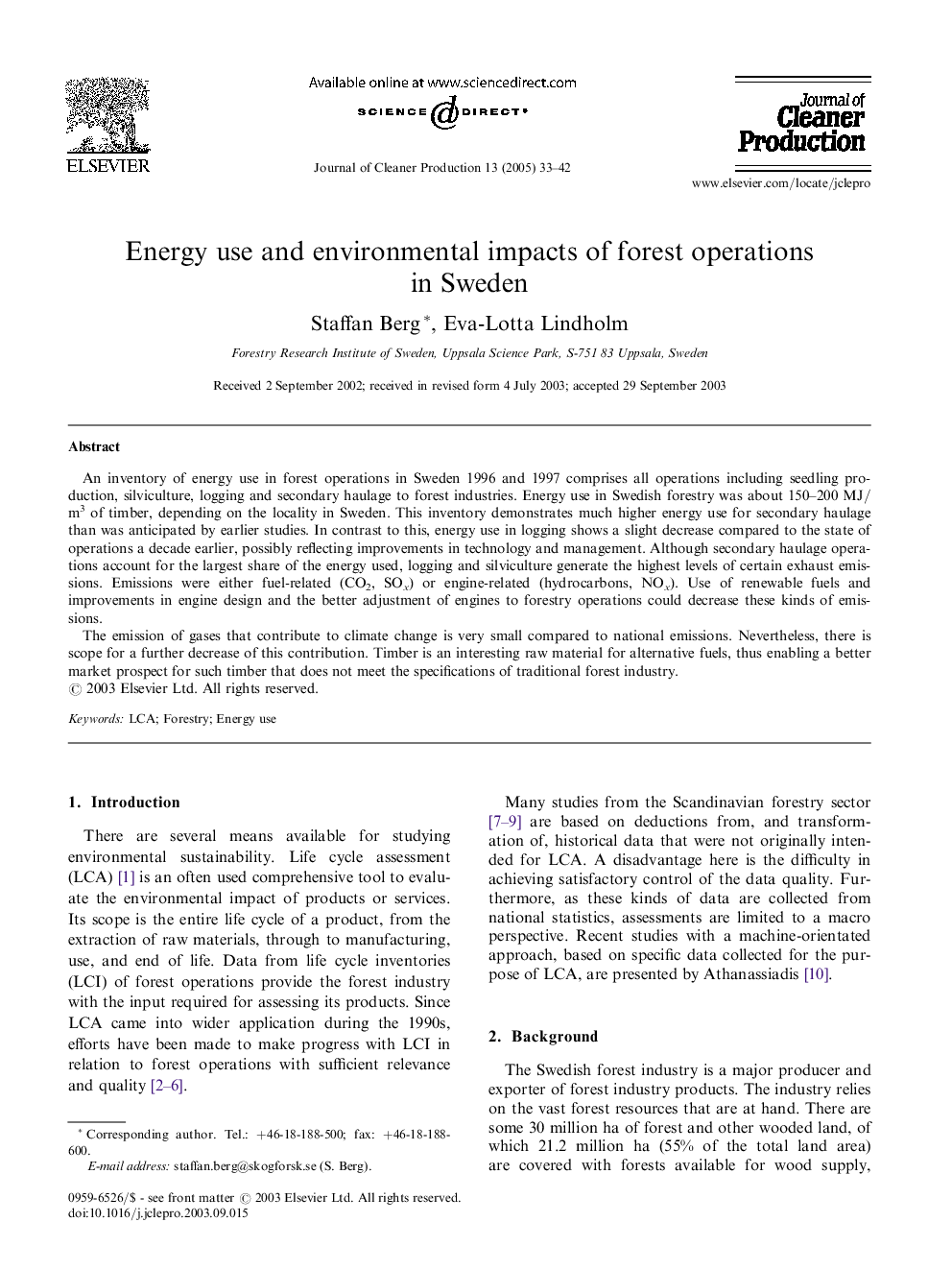 Energy use and environmental impacts of forest operations in Sweden