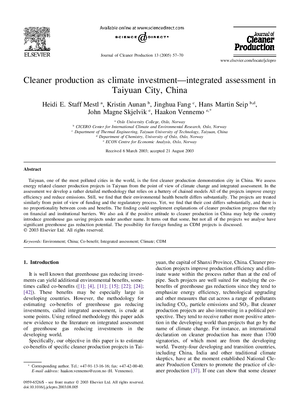 Cleaner production as climate investment-integrated assessment in Taiyuan City, China