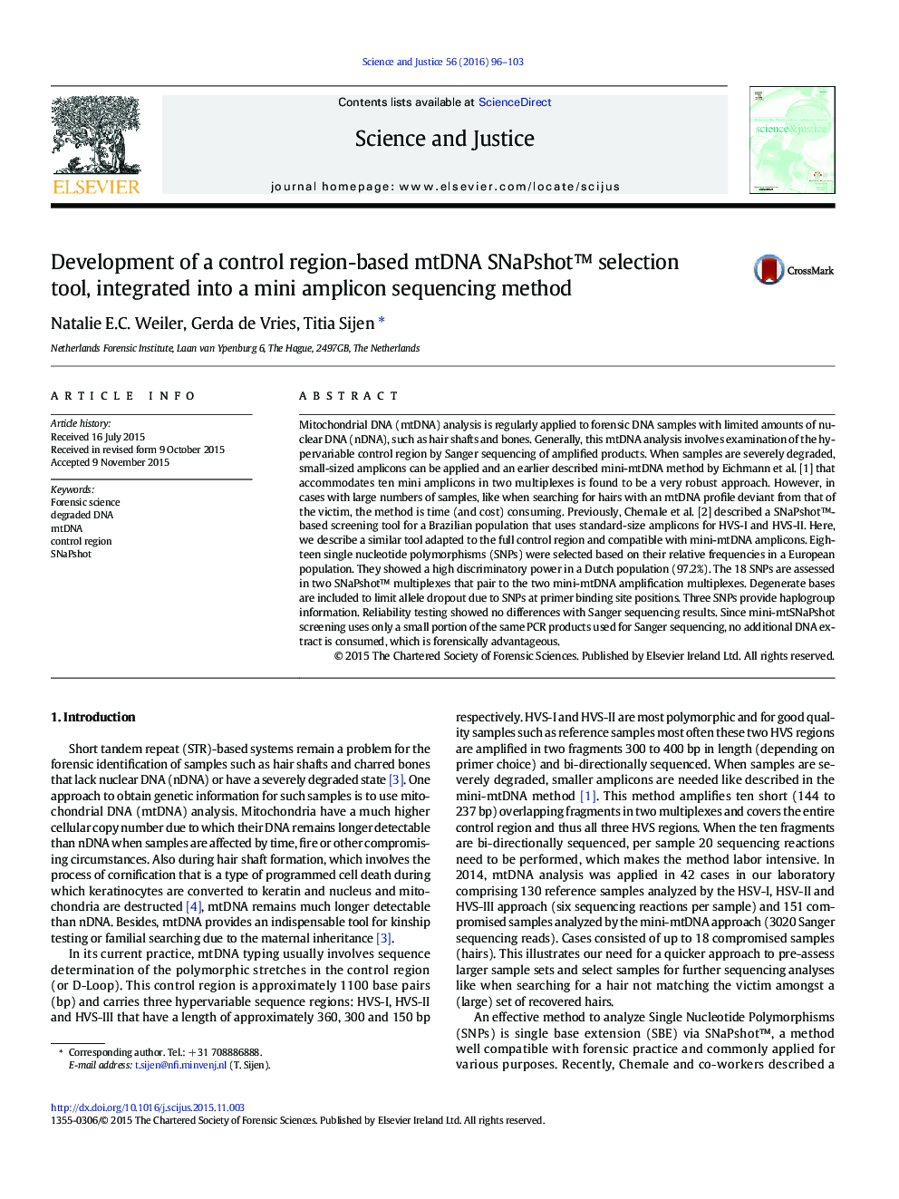 Development of a control region-based mtDNA SNaPshot™ selection tool, integrated into a mini amplicon sequencing method