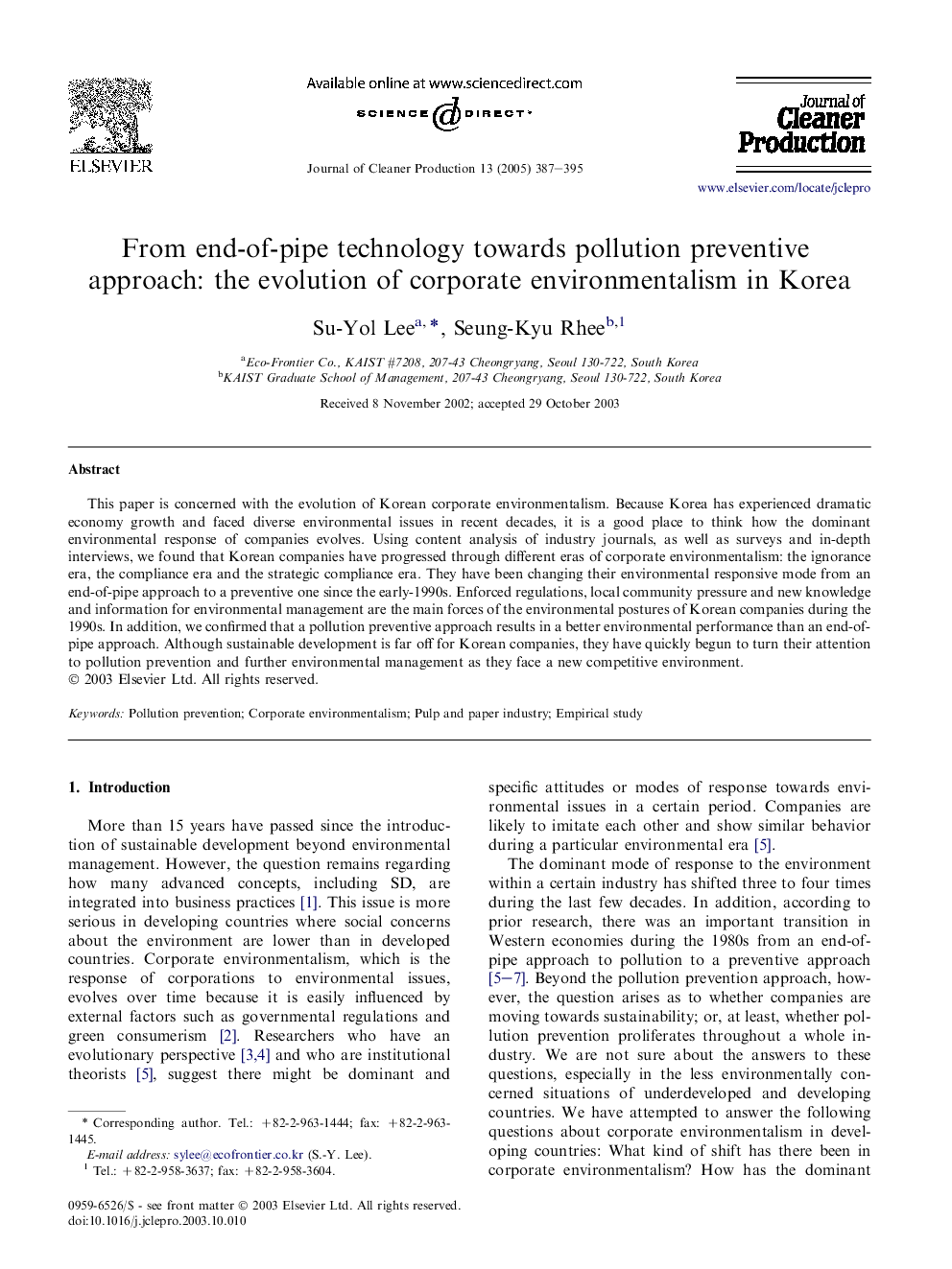 From end-of-pipe technology towards pollution preventive approach: the evolution of corporate environmentalism in Korea