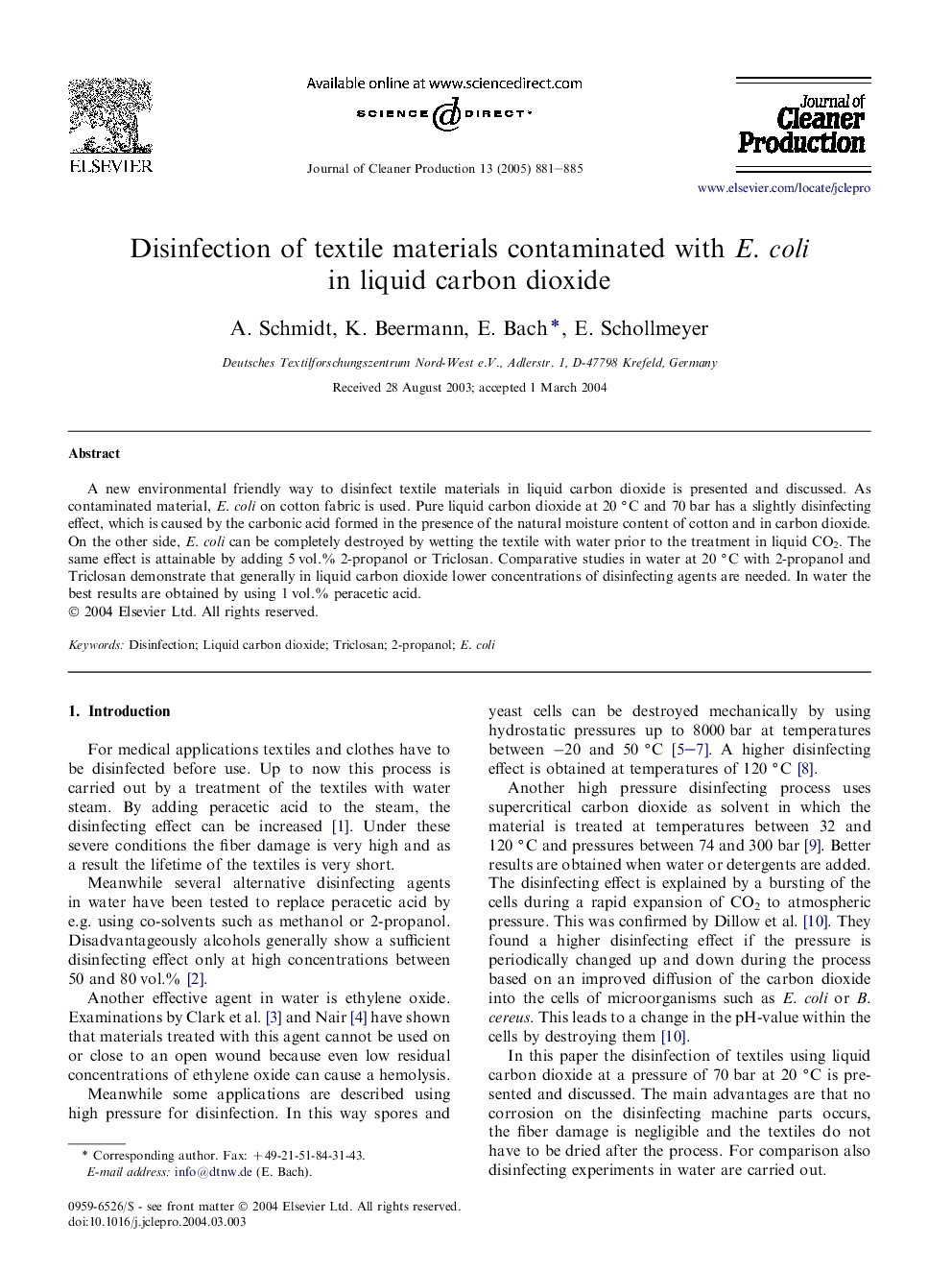 Disinfection of textile materials contaminated with E. coli in liquid carbon dioxide