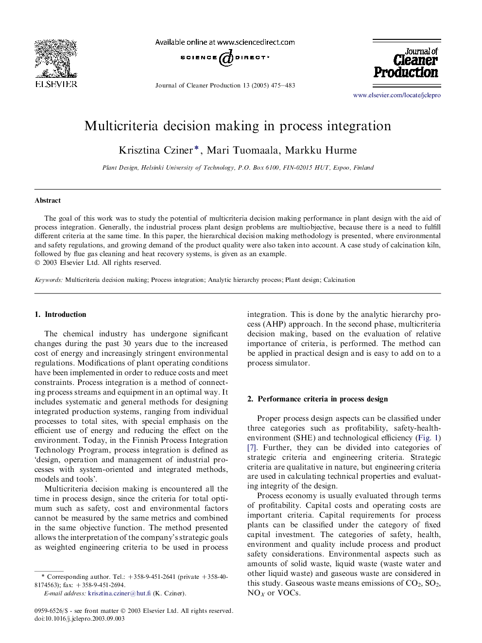 Multicriteria decision making in process integration