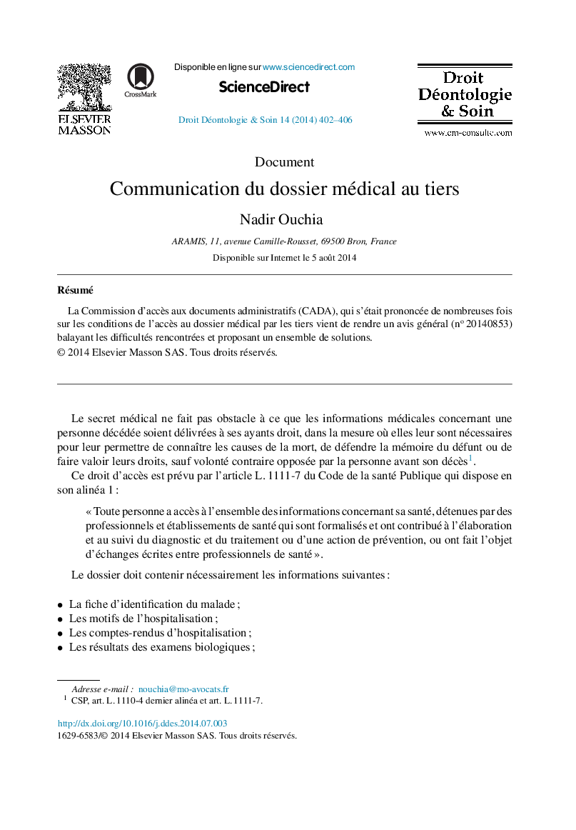 Communication du dossier médical au tiers