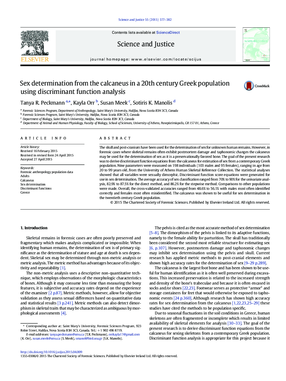 Sex determination from the calcaneus in a 20th century Greek population using discriminant function analysis