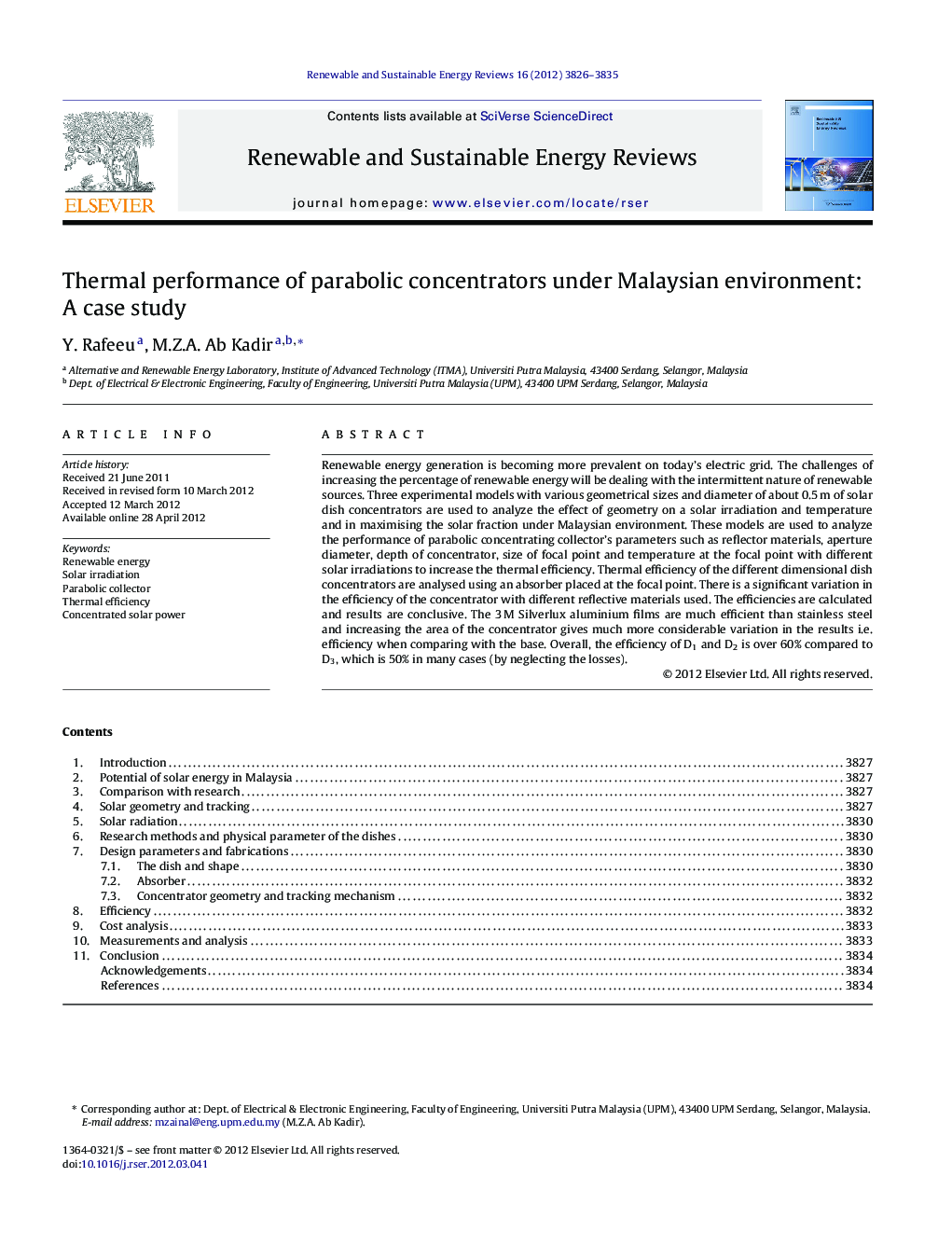 Thermal performance of parabolic concentrators under Malaysian environment: A case study