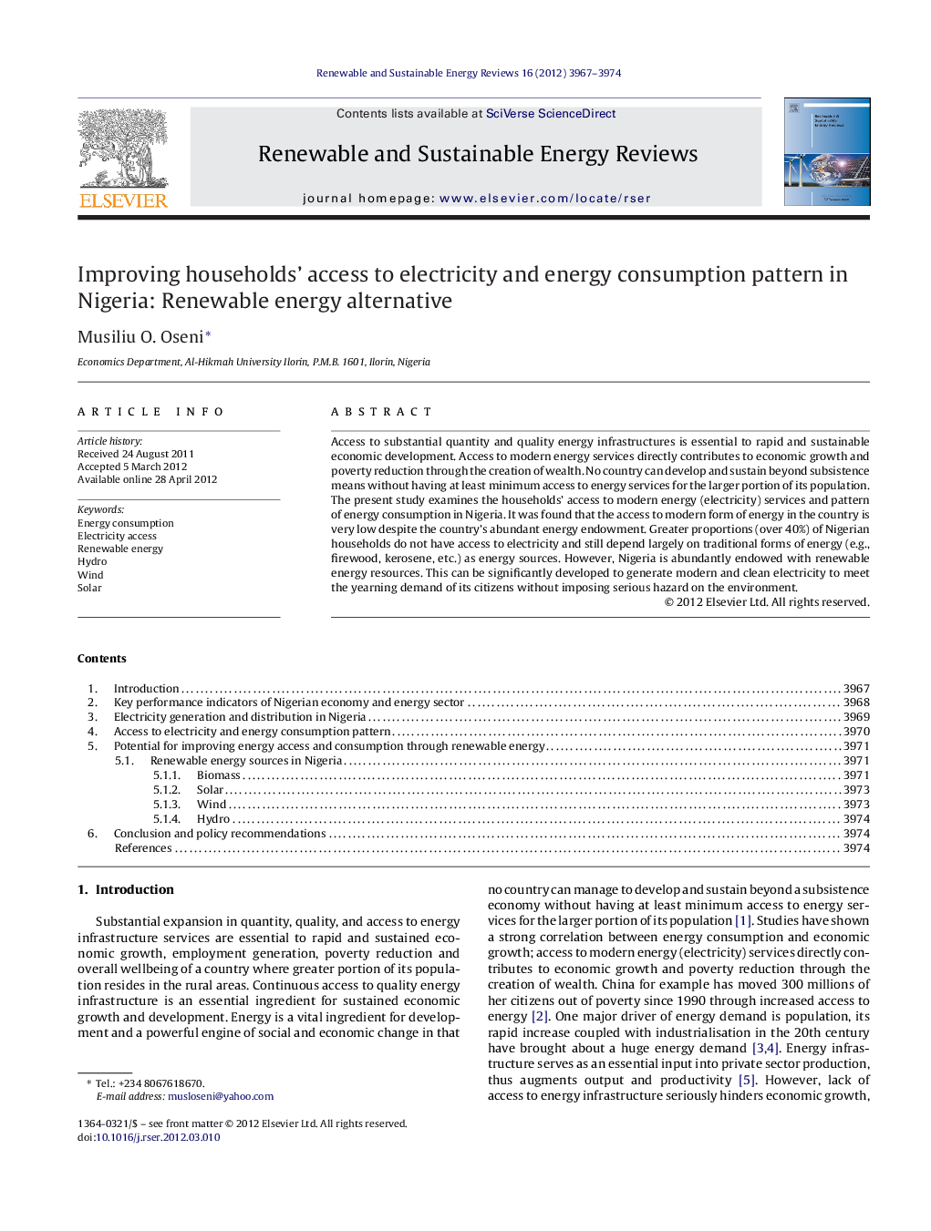 Improving households' access to electricity and energy consumption pattern in Nigeria: Renewable energy alternative