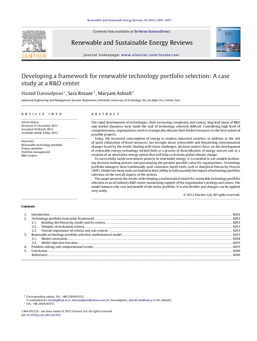 Developing a framework for renewable technology portfolio selection: A case study at a R&D center