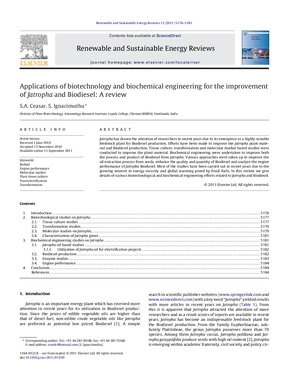 عکس صفحه اول مقاله: Applications of biotechnology and biochemical engineering for the improvement of Jatropha and Biodiesel: A review Applications of biotechnology and biochemical engineering for the improvement of Jatropha and Biodiesel: A review