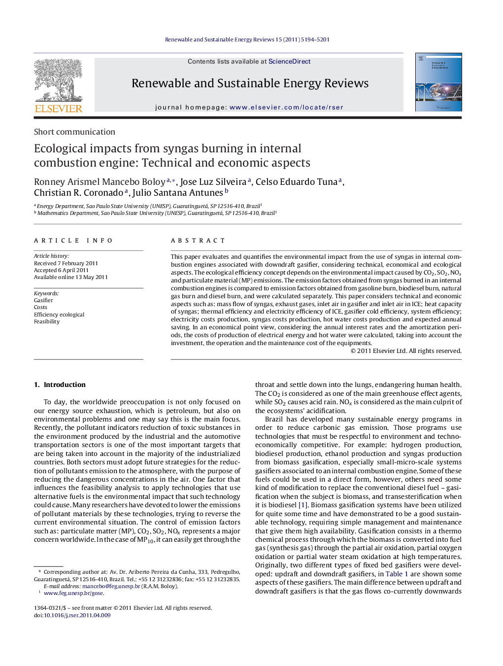 Ecological impacts from syngas burning in internal combustion engine: Technical and economic aspects