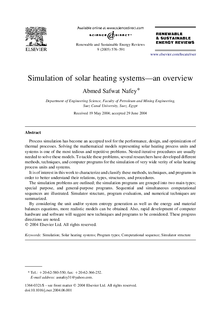 Simulation of solar heating systems-an overview