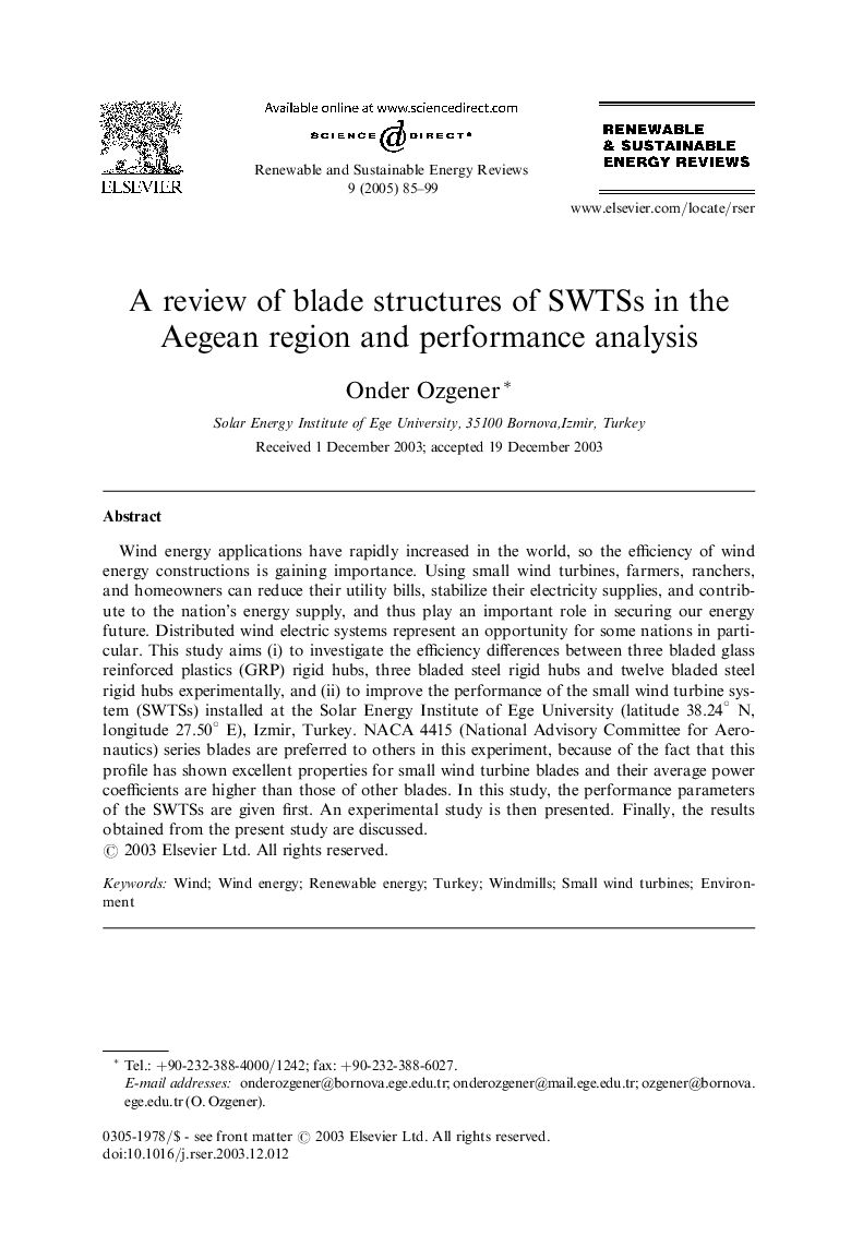 A review of blade structures of SWTSs in the Aegean region and performance analysis