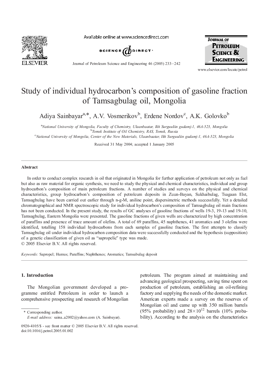 Study of individual hydrocarbon's composition of gasoline fraction of Tamsagbulag oil, Mongolia